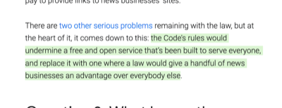 the Code’s rules would undermine a free and open service that’s been built to serve everyone, and replace it with one where a law would give a handful of news businesses an advantage over everybody else.