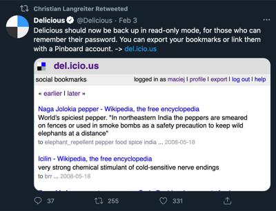 Delicious should now be back up in read-only mode, for those who can remember their password. You can export your bookmarks or link them with a Pinboard account.