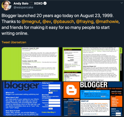 Blogger launched 20 years ago today on August 23, 1999. Thanks to megnut, ev, pbausch, fraying, mathowie and friends for making it easy for so many people to start writing online.
